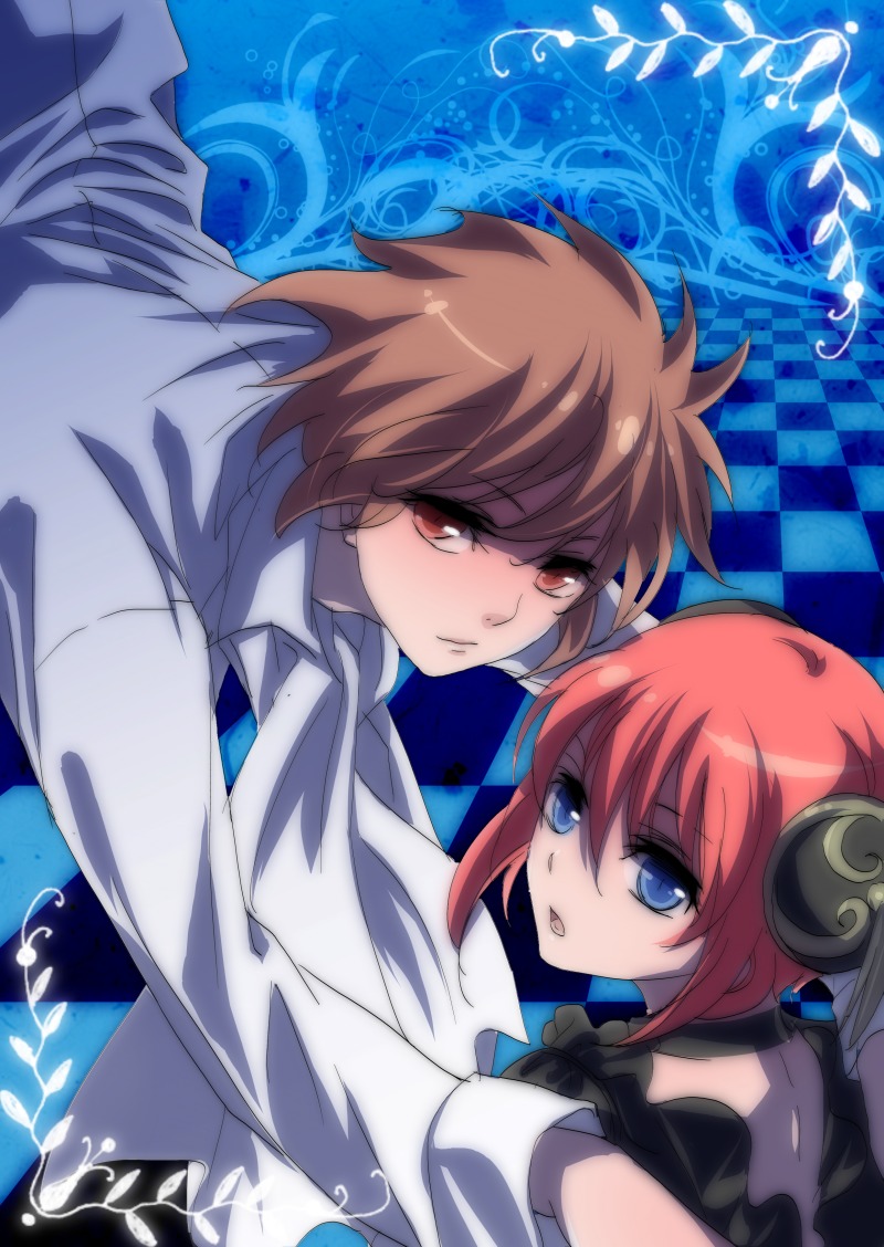 zuowen, kagura (gintama), okita sougo, gintama, blue eyes, brown hair, red eyes, red hair