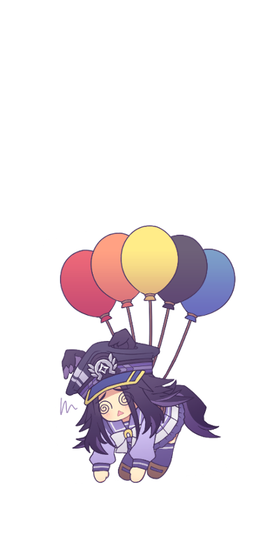 w3n6e, fenomeno (umamusume), umamusume, commentary request, 1girl, @ @, animal ears, balloon, black hair, bow, bowtie, ears through headwear, flipped hair, floating, hat, horse ears, horse girl, horse tail, horseshoe hat ornament, horseshoe ornament, long hair, long sleeves, multicolored hair, peaked cap, pleated skirt, purple hair, purple sailor collar, purple serafuku, purple shirt, purple skirt, purple thighhighs, sailor collar, sailor shirt, school uniform, serafuku, shirt, shoes, skirt, squiggle, tail, thighhighs, tracen school uniform, white bow, white bowtie