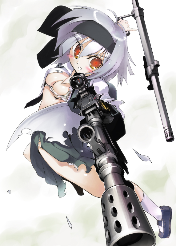 nanaroku (fortress76), konpaku youmu, touhou, silver hair, 1girl, blush, breasts, cleavage, female focus, foreshortening, gun, hairband, open clothes, open shirt, orange eyes, shirt, short hair, solo, torn clothes, weapon