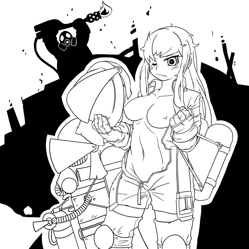 pyro (tf2), team fortress 2, 1girl, breasts, female focus, flamethrower, gas mask, greyscale, holding flamethrower, holding weapon, jumpsuit, large breasts, long hair, mask, monochrome, nipples, no panties, one eye closed, solo, undressing, weapon