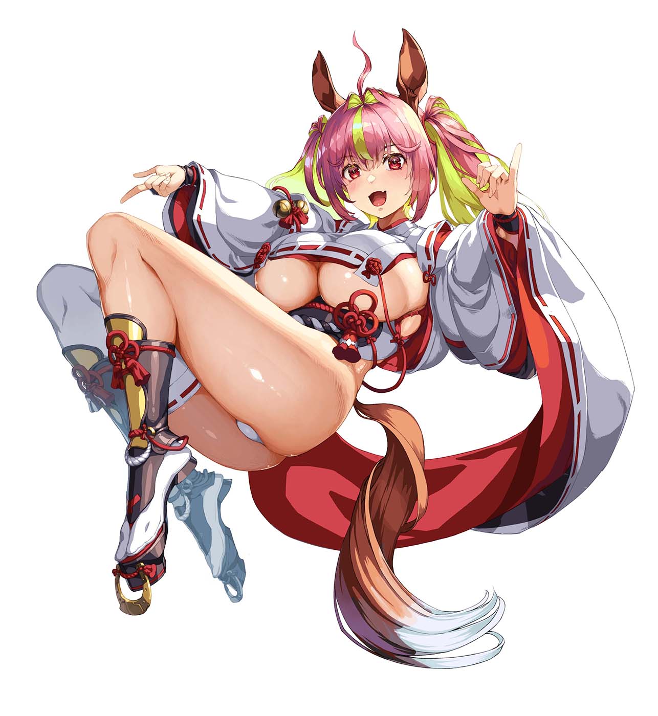 nishii (damnedrive), original, commentary request, highres, paid reward available, 1girl, 2026, :d, ahoge, animal ears, armor, asymmetrical legwear, blush, breast curtain, breast curtains, breasts, chinese knot, chinese zodiac, curvy, fang, fingernails, floating, full body, furisode sleeves, geta, green hair, hair intakes, horse ears, horse girl, horse tail, huge breasts, japanese armor, japanese clothes, kimono, kosode, long hair, looking at viewer, miko, multicolored hair, no pants, nontraditional miko, open mouth, overexposure, panties, pink hair, plump, red eyes, revealing clothes, shiny skin, sideboob, sidelocks, simple background, single thighhigh, skin fang, smile, socks, solo, suneate, tabi, tail, tassel, tengu-geta, thighhighs, twintails, underboob, underbust, underwear, uneven legwear, white kimono, white panties, white socks, wide sleeves