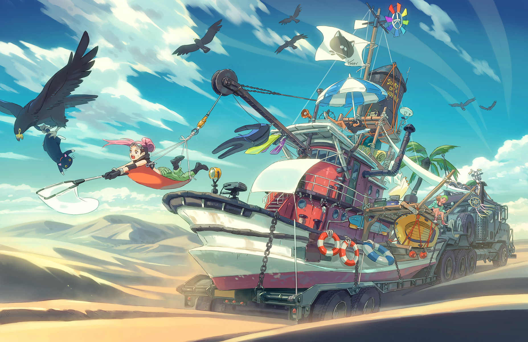 poten, original, commentary request, highres, 3girls, :o, binoculars, bird, black bird, black boots, black cat, blue sky, boat, bodysuit, boots, butterfly net, cat, chain, chair, chimney, clothesline, cloud, crane (machine), crop top, day, desert, diving suit, drying, drying clothes, fantasy, flippers, green pants, hammock, hand net, high ponytail, lifeboat, lifebuoy, lounge chair, lying, megaphone, motor vehicle, multiple girls, on stomach, outdoors, palm tree, pants, pink hair, ponytail, rescue, sand dune, scenery, semi truck, sitting, sky, surfboard, swim ring, tree, truck, water tower, watercraft, wetsuit, wind, wind chime, windmill