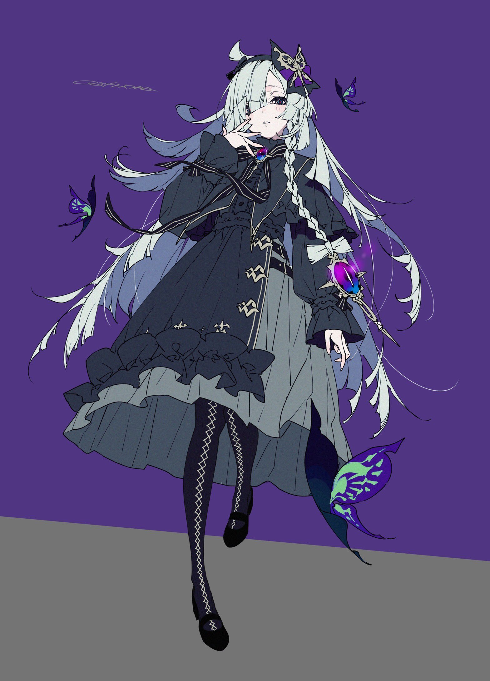 bukurote, shadowverse, shadowverse: worlds beyond, hashtag-only commentary, highres, 1girl, ahoge, belt, black belt, black bow, black bowtie, black pantyhose, bow, bow hairband, bowtie, braid, bug, butterfly, catriona, dress, frilled dress, frilled skirt, frilled sleeves, frills, gothic lolita, hair over one eye, hairband, insect, lolita fashion, long hair, long skirt, looking at viewer, mary janes, pantyhose, parted lips, patterned legwear, pleated skirt, purple background, shoes, skirt, solo, white hair