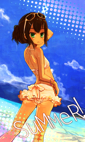 joypyonn, kinoshita hideyoshi, baka to test to shoukanjuu, bad id, bad pixiv id, 1boy, :<, beach, bikini, day, looking back, male focus, ocean, solo, summer, sunglasses, swimsuit, trap