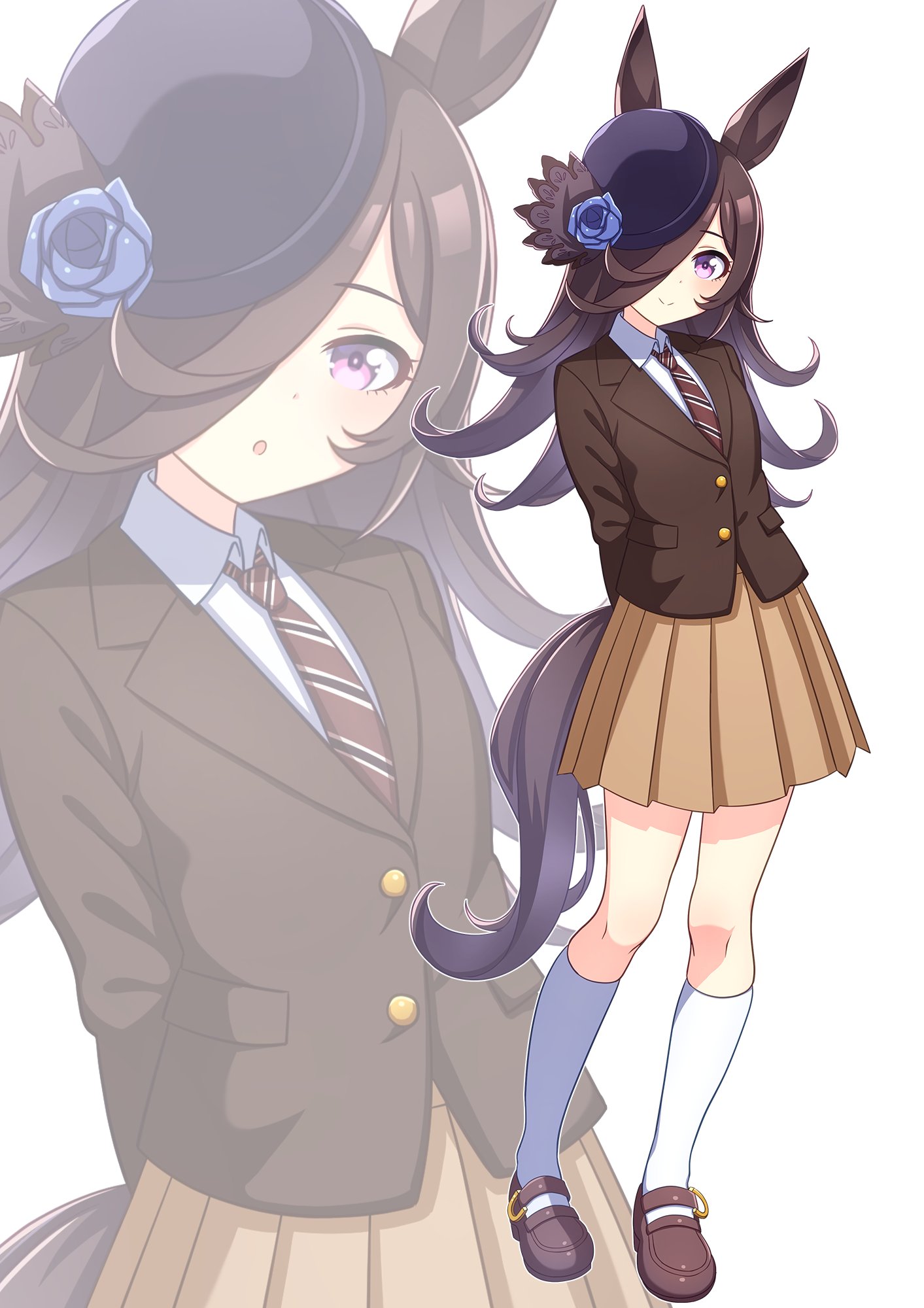 hokuyukis, rice shower (umamusume), umamusume, commentary request, highres, 1girl, animal ears, blue flower, blue rose, blush, brown hair, brown jacket, brown skirt, closed mouth, collared shirt, flipped hair, flower, hair over one eye, hat, hat flower, horse ears, horse girl, horse tail, jacket, kneehighs, long hair, looking at viewer, necktie, parted lips, pleated skirt, purple eyes, rose, shirt, shoes, simple background, skirt, smile, socks, tail, tilted headwear, white background, white shirt, white socks, zoom layer