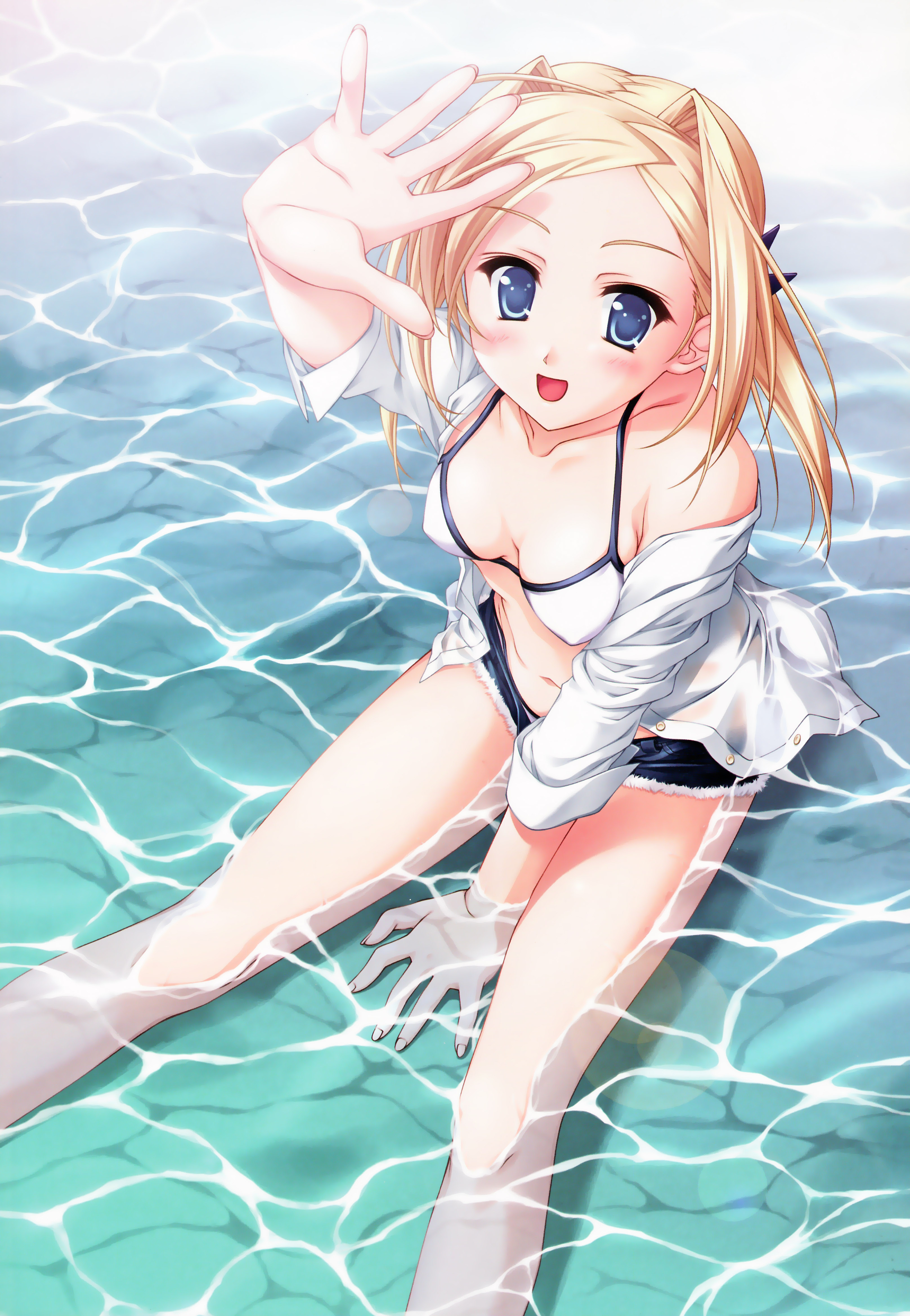 akino takehiko, bettou izumi-shizuka scarlett, scarlett, absurdres, highres, 1girl, between thighs, bikini, bikini under clothes, blonde hair, blue eyes, blush, day, dress shirt, female focus, foreshortening, hair intakes, halterneck, off shoulder, outstretched hand, partially submerged, shading eyes, shirt, short shorts, shorts, sitting, solo, swimsuit, swimsuit under clothes, water
