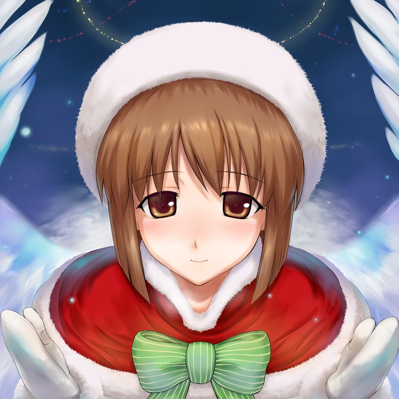 rona, hagiwara yukiho, idolmaster, idolmaster (classic), md5 mismatch, 1girl, blush, brown hair, female focus, hat, looking at viewer, ribbon, smile, snow, solo, wings