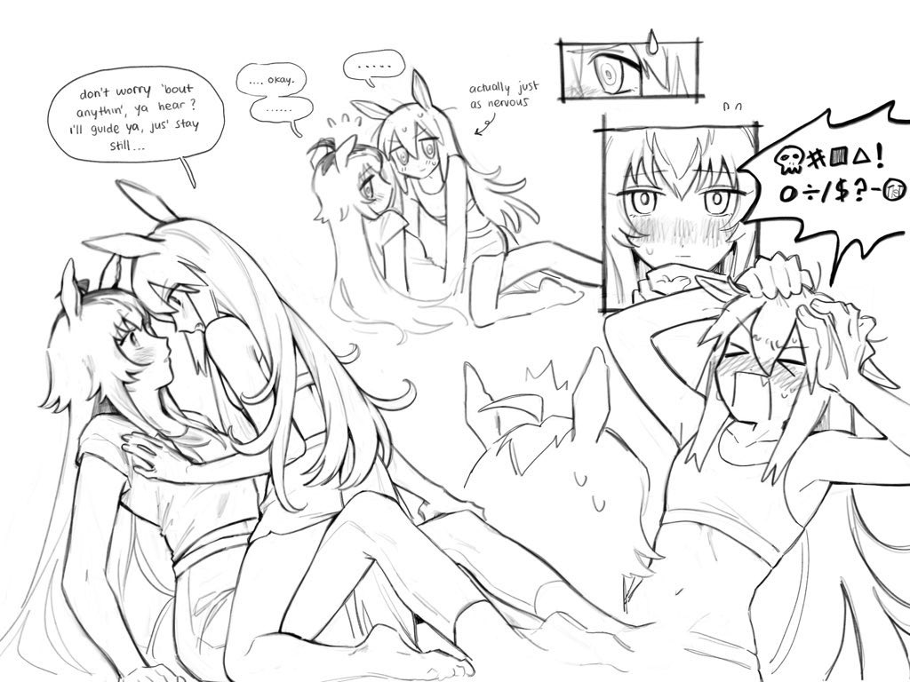 oguri cap (umamusume), tamamo cross (umamusume), umamusume, commentary, !, > <, …, 2girls, :|, ^^^, ahoge, all fours, animal ears, arm support, armpits, arrow (symbol), bare arms, barefoot, blush, breasts, closed eyes, closed mouth, collarbone, crying emoji, double-parted bangs, embarrassed, emoji, english text, eye contact, face-to-face, fang, flying sweatdrops, greyscale, hair between eyes, hand on another's chest, hand on another's knee, hand up, hands on own head, hands up, horse ears, horse girl, horse tail, jitome, kneeling, leaning back, leaning forward, legs apart, lineart, long hair, looking at another, monochrome, multicolored hair, multiple girls, navel, nervous sweating, nose blush, on person, open mouth, pants, parted lips, penyihirlaut, reclining, rectangular mouth, shirt, short sleeves, shorts, simple background, sitting, skull, sleeveless, small breasts, speech bubble, spoken ellipsis, spoken symbol, sports bra, stomach, streaked hair, sweat, sweatdrop, tail, two-tone hair, v-shaped eyebrows, white background, yuri