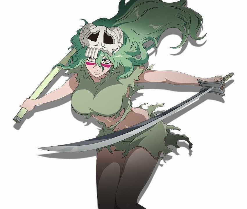 nelliel tu odelschwanck, bleach, bleach soul resonance, 1girl, breasts, espada, green hair, large breasts, long hair, midriff, navel, solo, sword, torn clothes, weapon
