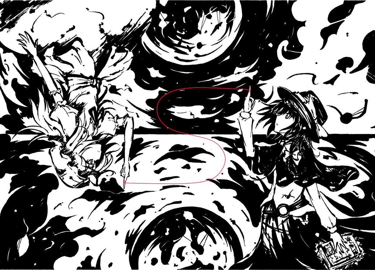 reishiki, maribel hearn, usami renko, ghostly field club, touhou, bad id, bad pixiv id, 2girls, female focus, greyscale, hat, monochrome, multiple girls, spot color, string, string of fate, thread