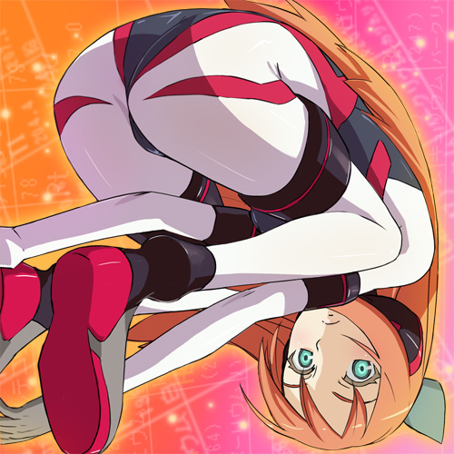 haruyama kazunori, chiara ferina, element hunters, lowres, 00s, 1girl, ass, blue eyes, bodysuit, female focus, latex, loli, long hair, skin tight, solo