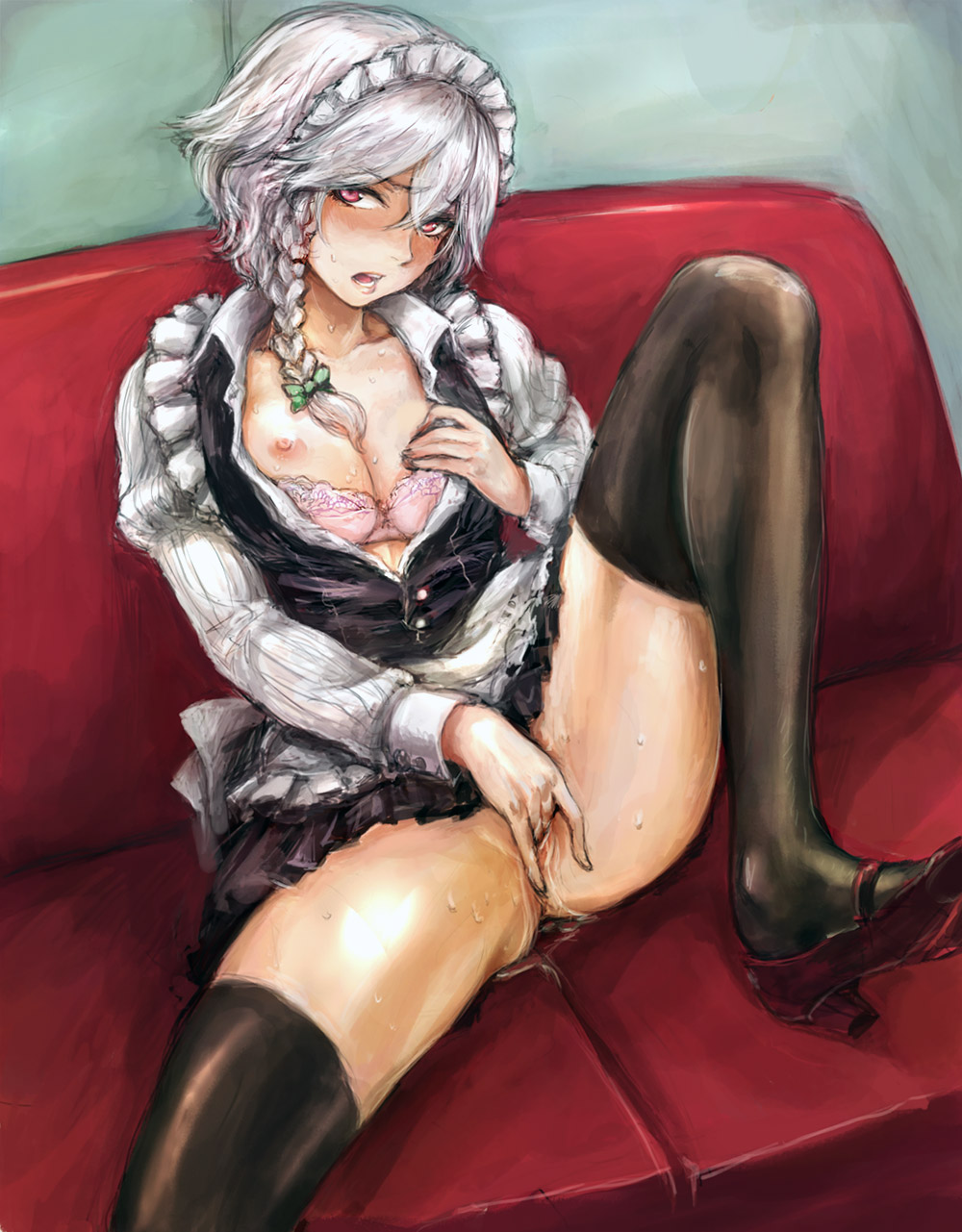 osakana (denpa yun'yun), izayoi sakuya, embodiment of scarlet devil, touhou, silver hair, bad id, bad pixiv id, highres, 1girl, apron, black thighhighs, blush, bow, bra, bra pull, braid, breast slip, breasts, clothes pull, couch, excessive pussy juice, female focus, female masturbation, fingering, grabbing own breast, hair bow, high heels, lace, lace bra, leg up, lingerie, maid, maid apron, maid headdress, masturbation, miniskirt, nipples, no panties, one breast out, open clothes, open mouth, open shirt, pink eyes, pussy, pussy juice, red eyes, shirt, shoes, short hair, sitting, skirt, solo, spread legs, sweat, thighhighs, twin braids, uncensored, underwear