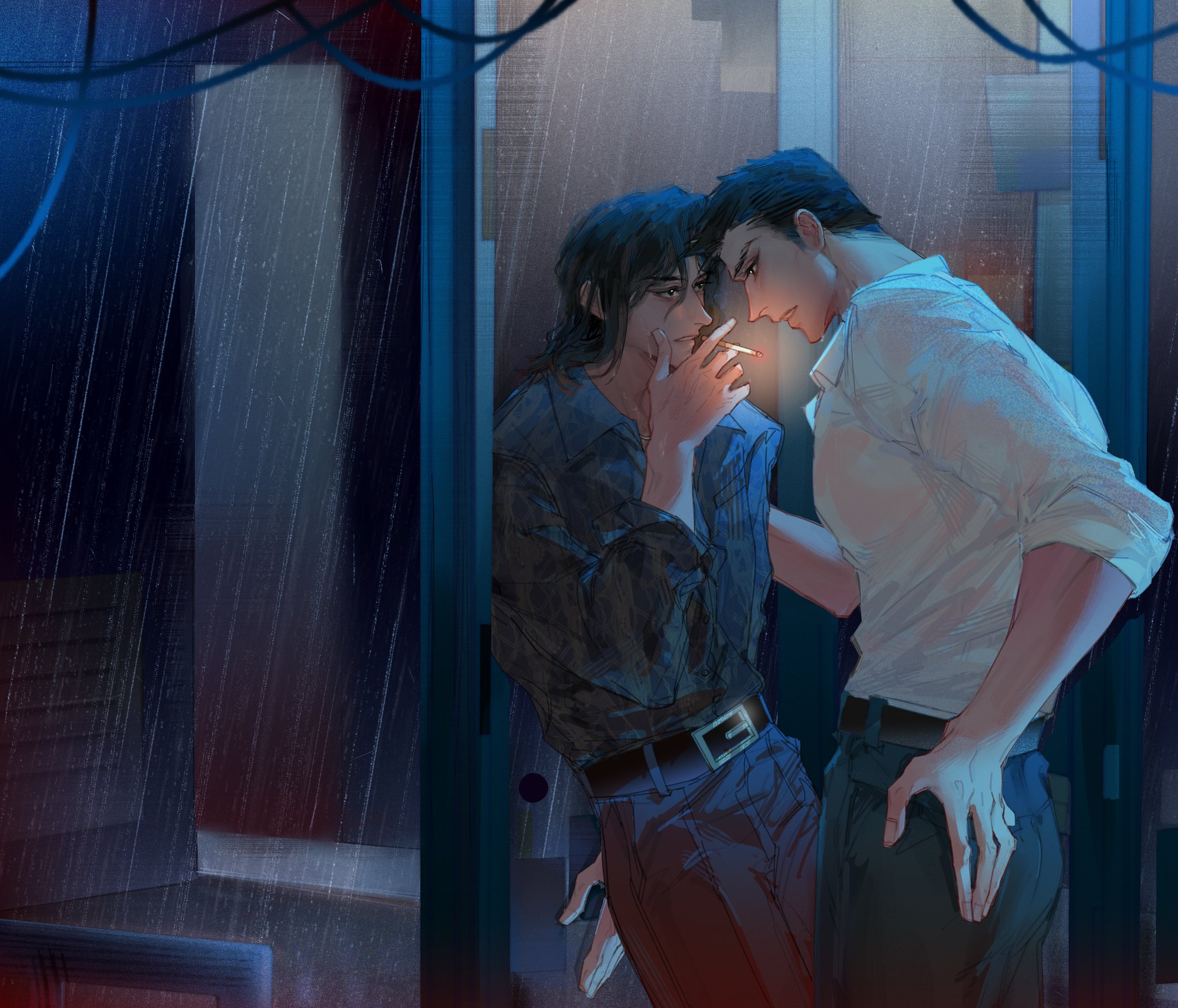 kiryu kazuma, nishikiyama akira, ryuu ga gotoku (series), ryuu ga gotoku 0, highres, 2boys, belt, black hair, cigarette, collared shirt, face-to-face, male focus, multiple boys, nibbles488402, night, no jacket, rain, shirt, smoking, white shirt, yakuza