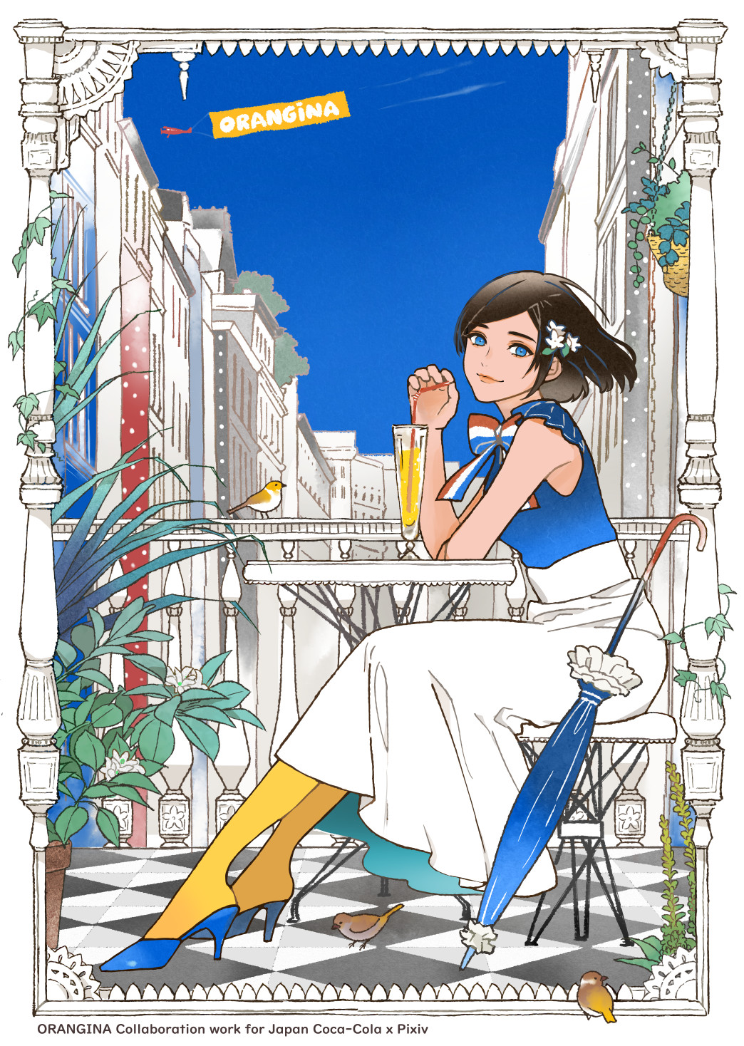 ame (conronca), orangina, original, commentary request, highres, revision, 1girl, aircraft, airplane, balcony, banner, basket, bird, black hair, blue eyes, bow, bowtie, building, chair, checkered floor, closed mouth, cup, day, drink, drinking glass, drinking straw, flag print, flower, french flag, french flag print, from side, full body, hair flower, hair ornament, high heels, lace, looking at viewer, looking back, orange pantyhose, pantyhose, personification, plant, polka dot, potted plant, railing, shoes, short hair, sitting, skirt, sky, sleeveless, smile, solo, swept bangs, table, twitter username, two-sided fabric, two-sided skirt, vines, yellow pantyhose