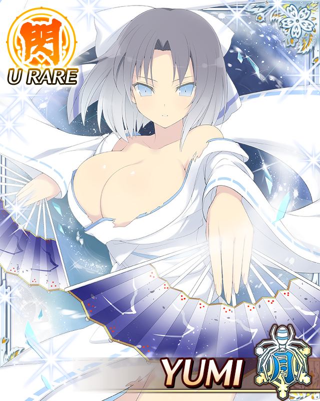 yumi (senran kagura), senran kagura, senran kagura new wave, game cg, official art, third-party source, 1girl, aura, blue eyes, border, bow, breasts, card (medium), changing colors, character name, cleavage, cryokinesis, grey hair, hair bow, hand fan, holding, holding fan, ice, japanese clothes, kimono, large breasts, looking at viewer, low neckline, medium hair, no bra, parted lips, ribbon-trimmed kimono, ribbon trim, solo, striped bow, torn clothes, torn kimono, transformation, white bow, white kimono, wind
