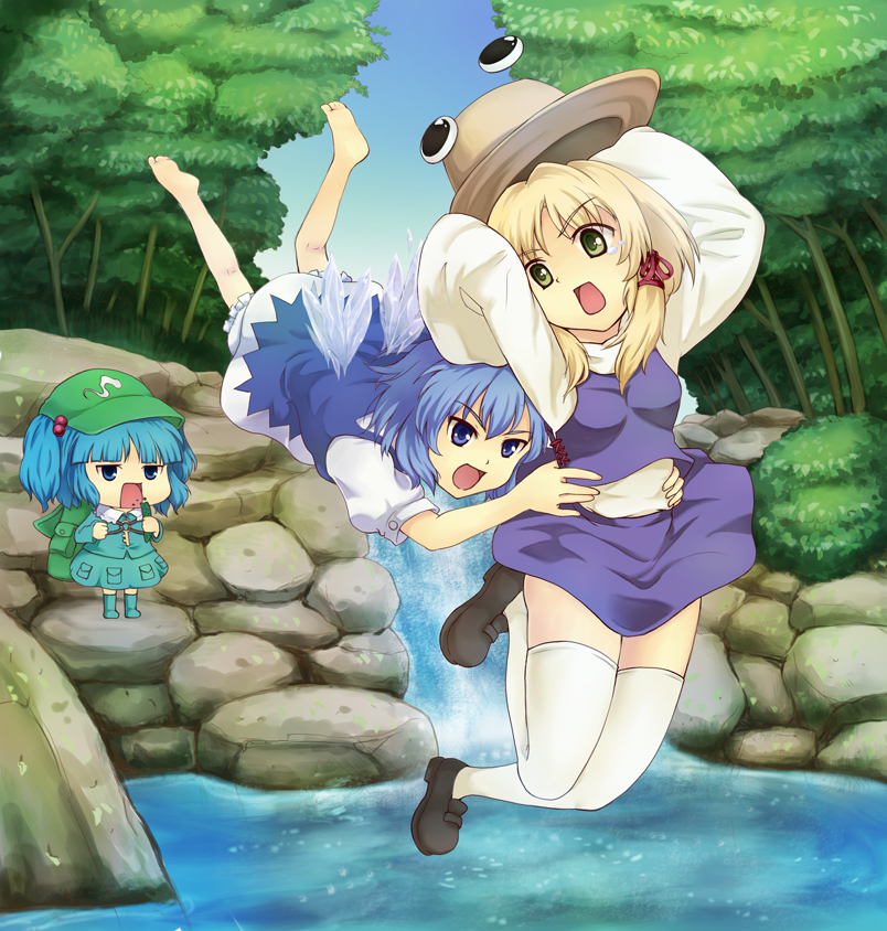 blue door, cirno, kawashiro nitori, moriya suwako, touhou, 3girls, barefoot, blonde hair, blue eyes, blue hair, chibi, eating, feet, glomp, green eyes, hair ribbon, hat, hug, jitome, multiple girls, nature, ribbon, river, rock, short hair, soles, tackle, teardrop, tears, thighhighs, toes, two side up, unworn hat, unworn headwear, water, waterfall, wings, zettai ryouiki