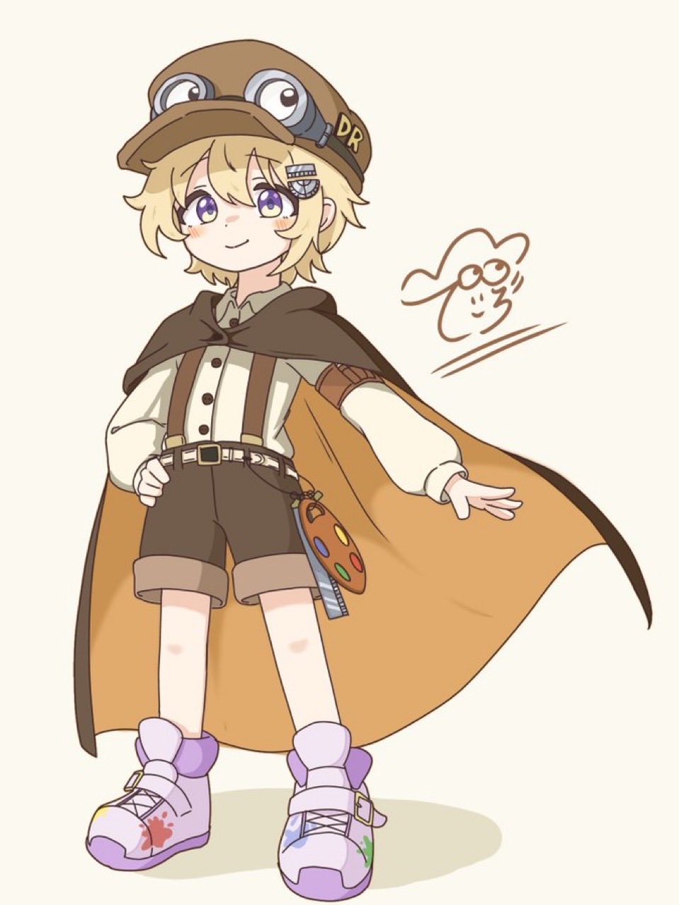 original, commentary request, gender request, highres, artist logo, belt, blonde hair, brown cape, brown hat, brown shorts, brown straps, cape, check object, closed mouth, clothes writing, derorean1212, double-parted bangs, goggles, goggles on headwear, googly eyes, hair between eyes, hair ornament, hand on own hip, hat, logo, long sleeves, multicolored eyes, paint palette, paint splatter, protractor, puffy long sleeves, puffy sleeves, purple eyes, purple shoes, ruler, shirt, shoes, short hair, shorts, simple background, smile, suspenders, two-tone eyes, wallet chain, white belt, white shirt, yellow background, yellow eyes