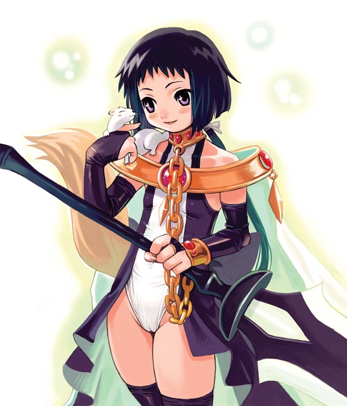 ryoji (nomura ryouji), 1girl, black hair, bridal gauntlets, cape, chain, collar, elbow gloves, female focus, ferret, gloves, lance, leotard, polearm, solo, spear, tail, thighhighs, weapon