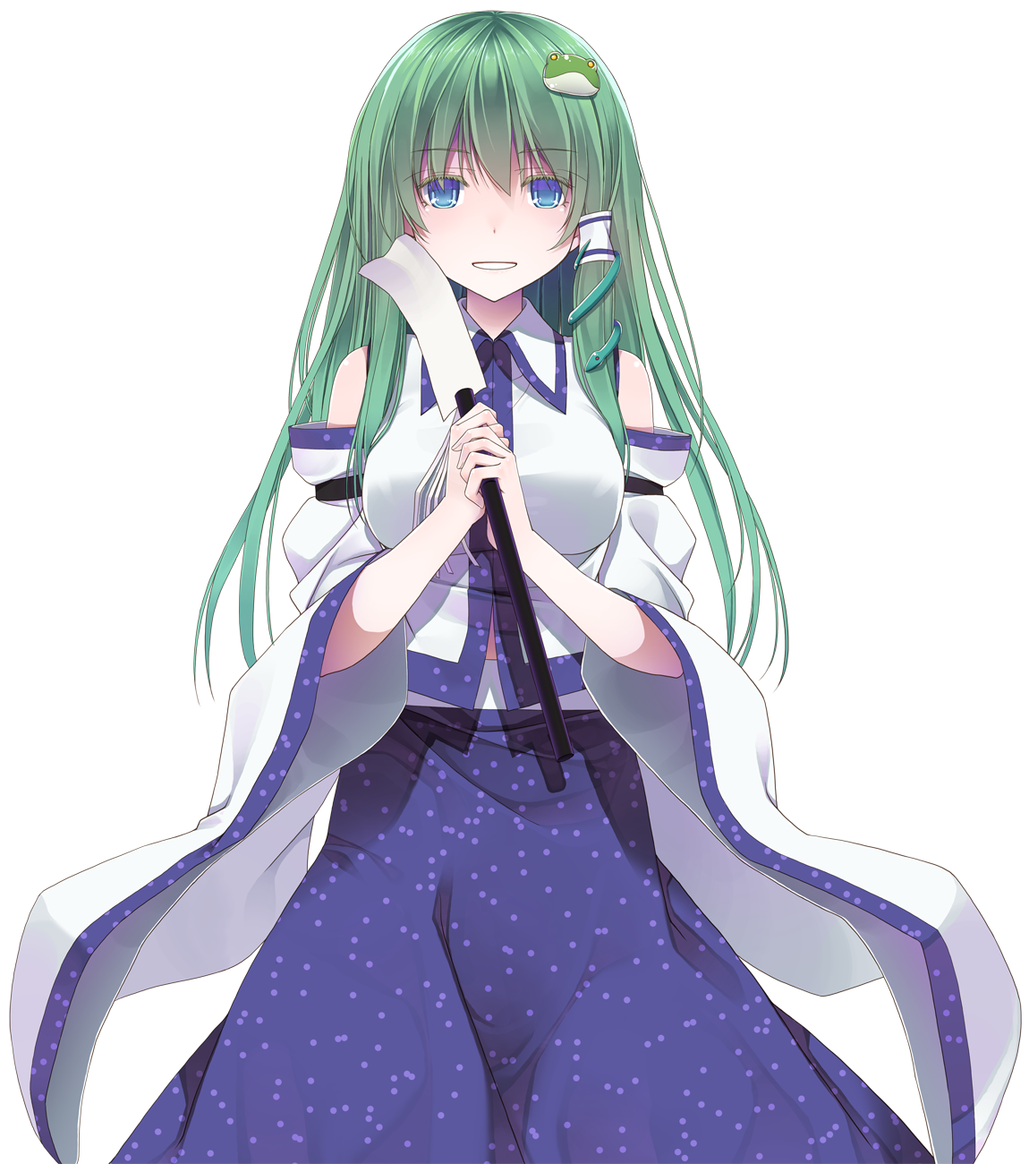 crote, kochiya sanae, touhou, commentary request, highres, large variant set, variant set, 1girl, bare shoulders, blue eyes, blue skirt, breasts, collared shirt, cowboy shot, detached sleeves, gohei, green hair, hands up, holding, holding gohei, large breasts, long hair, long skirt, long sleeves, looking at viewer, nontraditional miko, parted lips, shirt, skirt, sleeveless, sleeveless shirt, smile, solo, tachi-e, transparent background, white shirt, white sleeves, wide sleeves