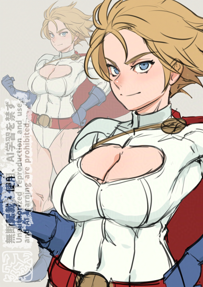 mikoyan, power girl, dc comics, commentary request, 1girl, belt, blonde hair, blue eyes, breasts, cape, cleavage, hands on own hips, large breasts, short hair, sketch, turtleneck