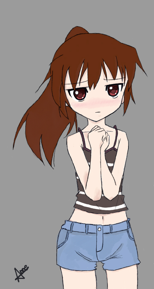 mukyu hikikomori, bad id, bad pixiv id, tagme, blush, brown eyes, ponytail, shorts, solo