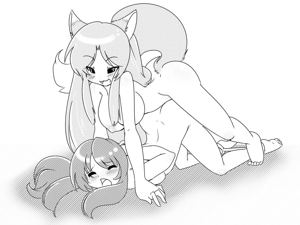 spazzykoneko, artist request, character request, copyright request, source request, 1futa, 1girl, animal ears, arms behind back, bdsm, blush, bondage, bound, breasts, closed eyes, completely nude, doggystyle, fox ears, fox tail, futa with female, futanari, greyscale, implied futanari, long hair, medium breasts, monochrome, multiple girls, nipples, nude, open mouth, sex, sex from behind, simple background, small breasts, smile, spreader bar, tail, top-down bottom-up, white background