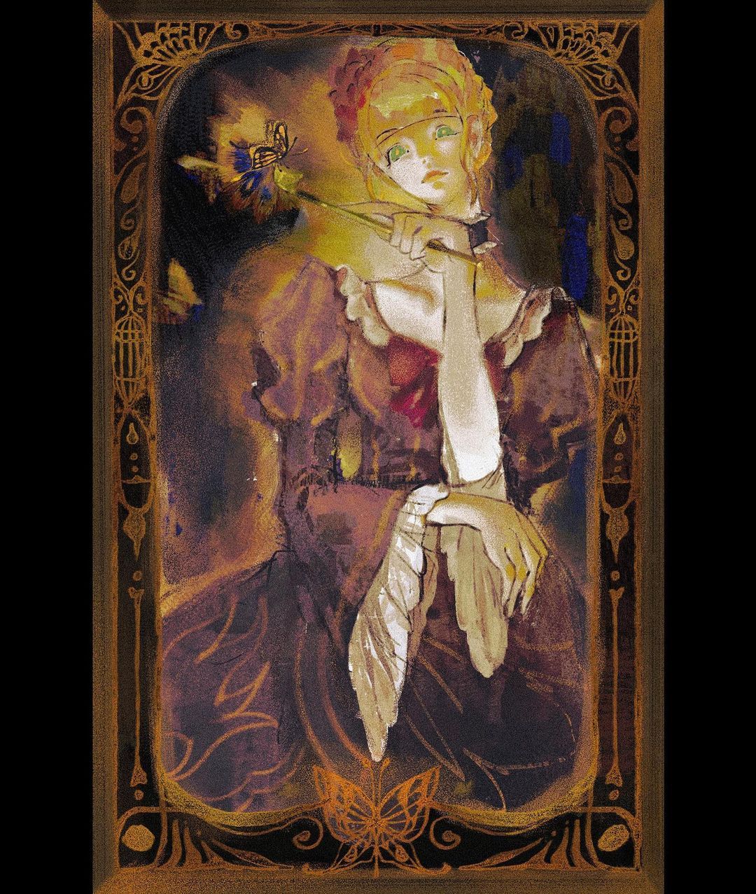 beatrice (umineko), umineko no naku koro ni, artist request, highres, non-web source, source request, 1girl, black background, blonde hair, blue eyes, border, bow, braid, bug, butterfly, choker, crown braid, flower, formal clothes, frilled choker, frilled sleeves, frills, holding, holding smoking pipe, insect, juliet sleeves, kiseru, lips, long sleeves, looking at viewer, ornate border, pale skin, puffy sleeves, red bow, rose, short hair, sidelocks, smoking pipe, solo, wide sleeves, yellow butterfly