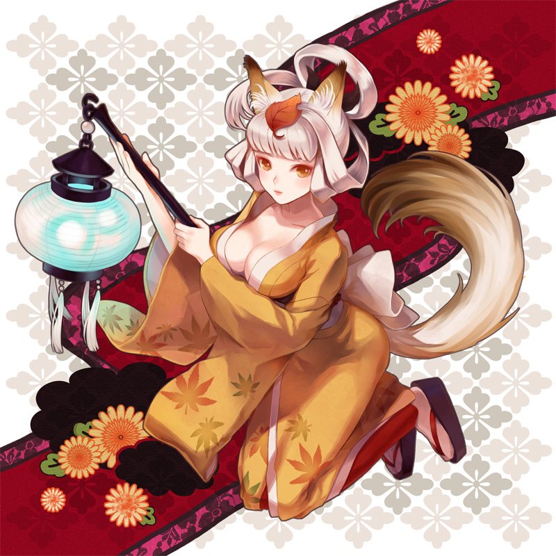 matsurika, kongiku, oboro muramasa, vanillaware, 1girl, animal ears, breasts, brown eyes, cleavage, collarbone, female focus, flower, fox ears, fox tail, hair up, japanese clothes, kimono, kneeling, lantern, large breasts, leaf, leaf on head, object on head, paper lantern, solo, tail, tassel, white hair