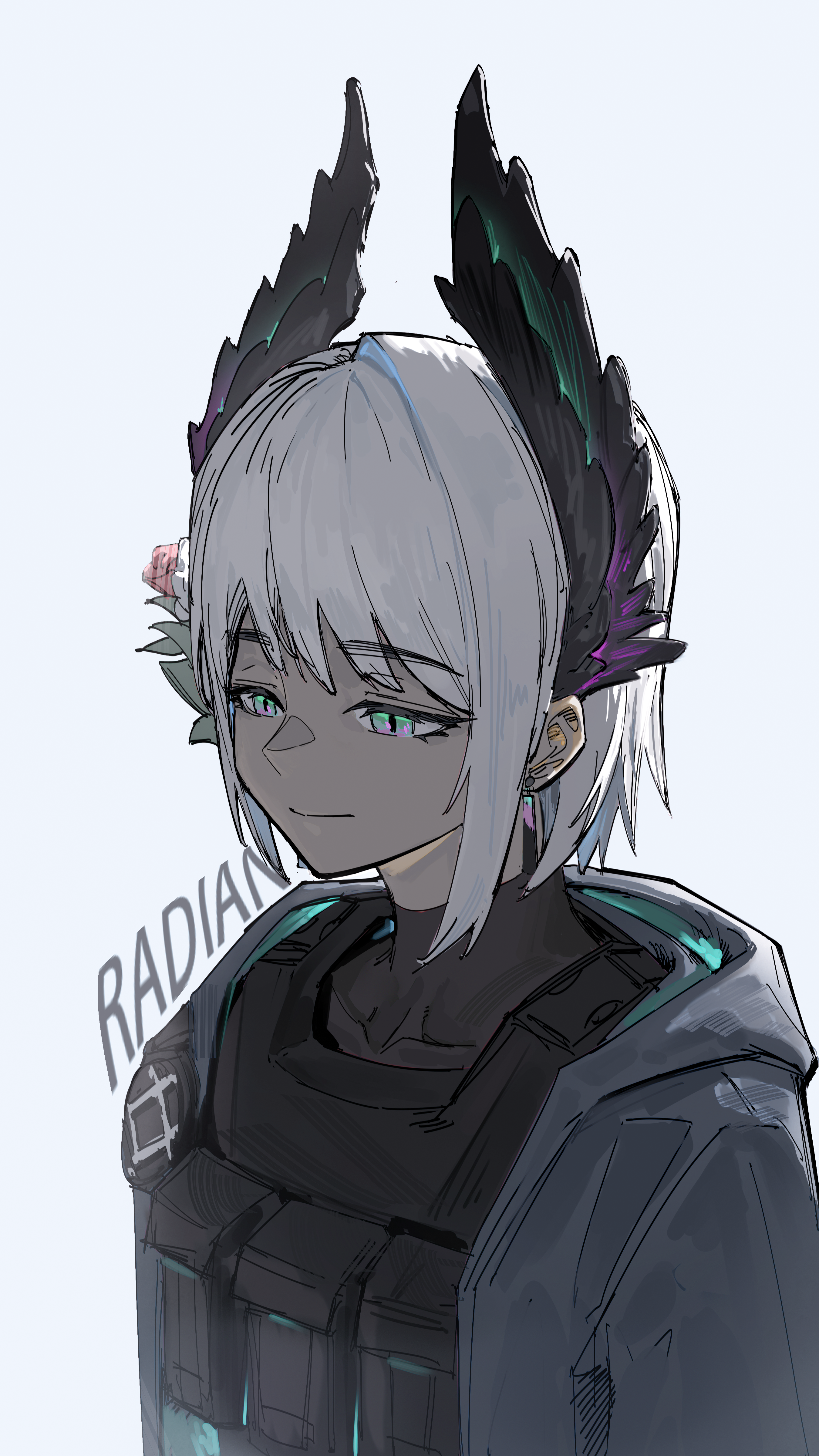 raidian (arknights), arknights, absurdres, commentary, highres, 1girl, ash0ne, black jacket, black shirt, character name, closed mouth, covered collarbone, dark-skinned female, dark skin, earrings, green eyes, grey background, jacket, jewelry, light smile, looking down, open clothes, open jacket, portrait, pouch, shirt, short hair, simple background, solo, turtleneck, turtleneck shirt, white hair