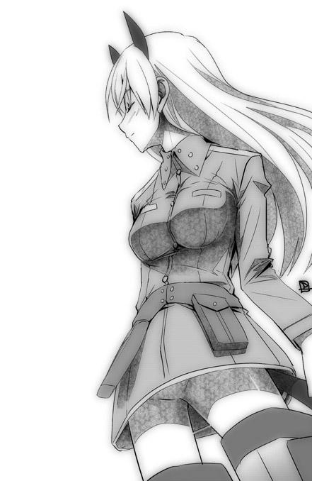 weshika, eila ilmatar juutilainen, strike witches, world witches series, bad id, bad pixiv id, 1girl, animal ears, female focus, greyscale, long hair, military, military uniform, monochrome, pantyhose, solo, striker unit, upskirt