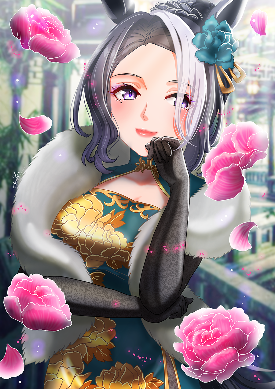 otono (bkt4b), mejiro ramonu (umamusume), umamusume, commentary request, highres, 1girl, animal ears, black gloves, black hair, blue dress, blush, braid, breasts, bun with braided base, china dress, chinese clothes, cleavage, cleavage cutout, closed mouth, clothing cutout, dated commentary, dress, ear flower, flower, fur shawl, gloves, hair bun, horse ears, horse girl, large breasts, long hair, looking at viewer, mole, mole under eye, multicolored hair, print dress, purple eyes, shawl, smile, solo, streaked hair, white gloves, white hair, white shawl