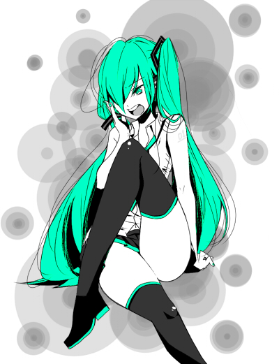 meno, hatsune miku, vocaloid, bad id, bad pixiv id, 1girl, aqua eyes, aqua hair, crossed legs, female focus, legs, long hair, monochrome, sitting, skirt, solo, thighhighs, twintails, very long hair, zettai ryouiki