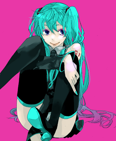 r-ko, tachibana kazuko, hatsune miku, vocaloid, bad id, bad pixiv id, 1girl, aqua hair, blue eyes, detached sleeves, female focus, hugging own legs, long hair, makeup, necktie, panties, pantyshot, sitting, skirt, smile, solo, thighhighs, twintails, underwear, very long hair, zettai ryouiki