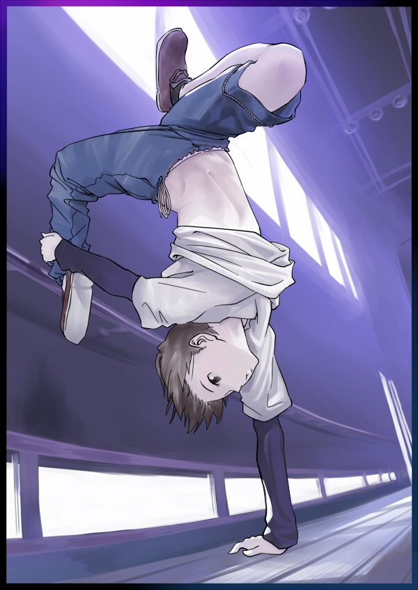 inu (aerodog), kikuchi makoto, idolmaster, idolmaster (classic), 1girl, androgynous, bend, breakdance, brown eyes, brown hair, dancing, female focus, flexible, handstand, layered sleeves, long sleeves, midriff, navel, one arm handstand, panties, pantyshot, pink panties, reverse trap, shirt, shoes, short hair, short over long sleeves, short sleeves, solo, t-shirt, tomboy, underwear, upside-down