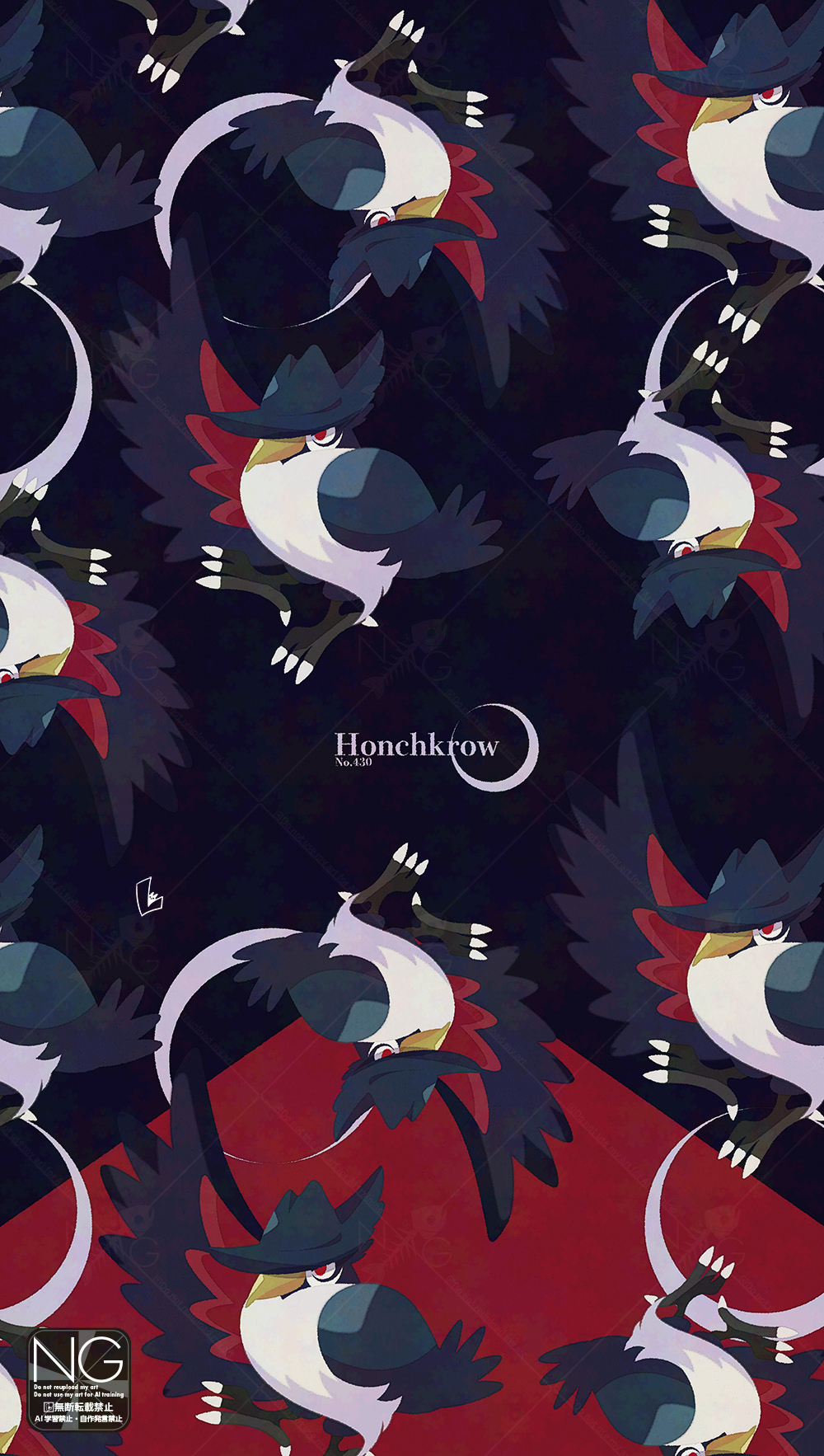 meme (sleepsheep), honchkrow, nintendo, pokemon, commentary, highres, symbol-only commentary, animal focus, beak, bird, character name, crescent moon, gen 4 pokemon, hat, moon, no humans, pokemon (creature), pokemon focus, red eyes, talons, wings