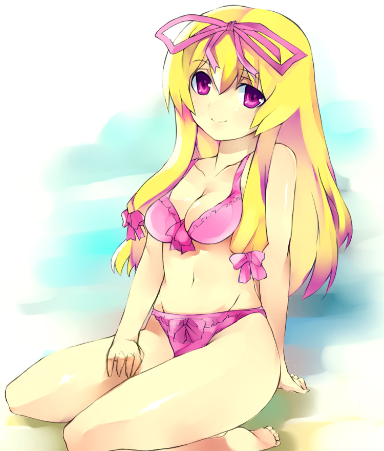 sawamura hikaru, yakumo yukari, touhou, 1girl, barefoot, bikini, female focus, hair ribbon, navel, pink bikini, ribbon, solo, swimsuit
