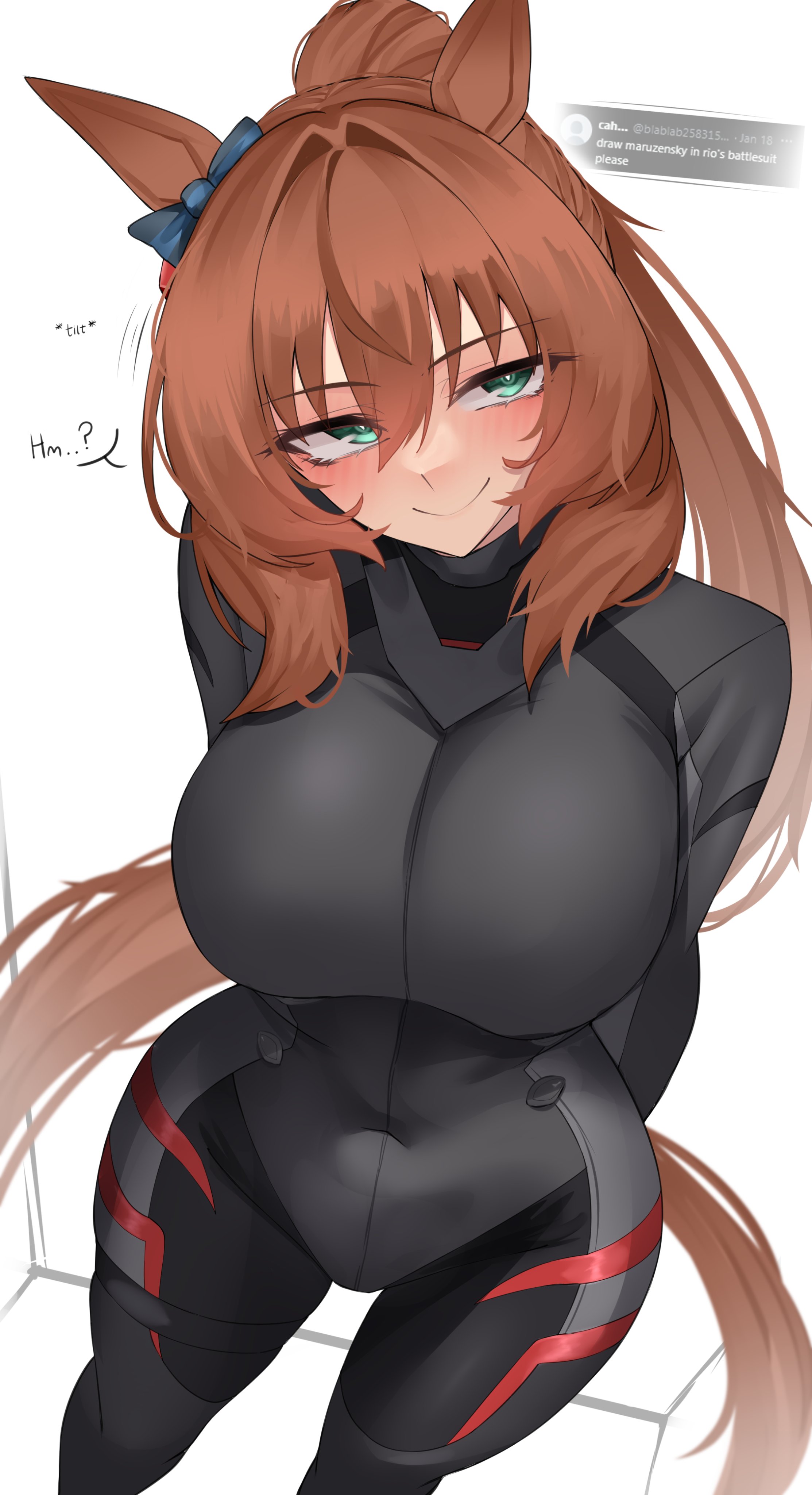 xkittyzx, lynn (voice actor), maruzensky (umamusume), rio (blue archive), rio (bodysuit) (blue archive), blue archive, umamusume, absurdres, commentary, highres, symbol-only commentary, 1girl, alternate costume, alternate hairstyle, animal ears, aqua eyes, arms behind back, black bodysuit, blush, bodysuit, breasts, brown hair, brown tail, closed mouth, cosplay, covered navel, foreshortening, hair between eyes, hair intakes, head tilt, horse ears, horse girl, horse tail, large breasts, looking at viewer, multicolored bodysuit, request inset, rio (blue archive) (cosplay), simple background, smile, solo, standing, tail, voice actor connection, white background