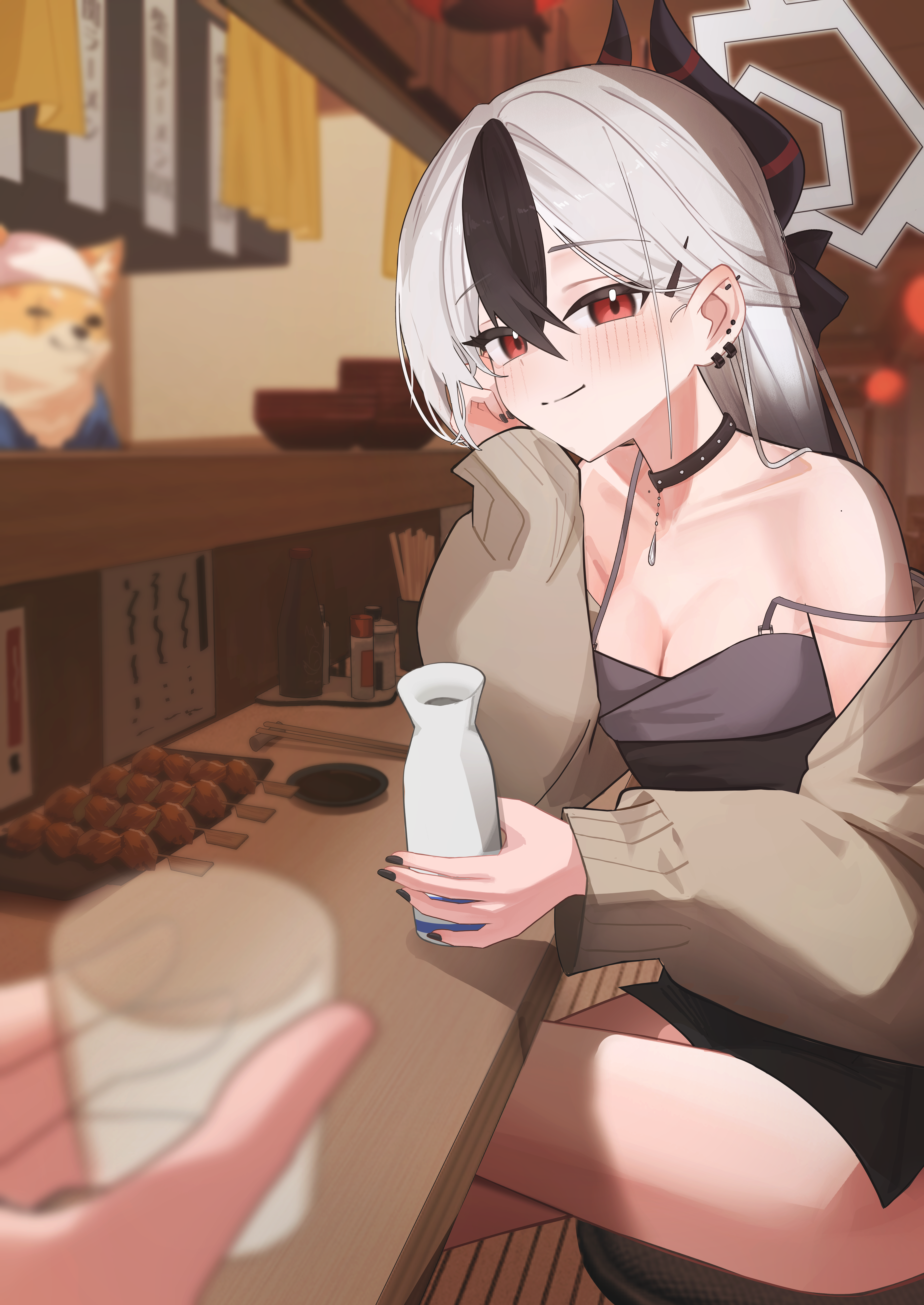 ryoya, kayoko (blue archive), kayoko (dress) (blue archive), sensei (blue archive), blue archive, absurdres, commentary request, highres, 1boy, 1girl, black choker, black hair, black nails, blush, breasts, brown cardigan, cardigan, cardigan partially removed, choker, cleavage, collarbone, cup, demon horns, dog boy, earrings, fingernails, food, grey hair, hair between eyes, halo, holding, holding cup, horns, indoors, jewelry, looking at another, looking at viewer, multicolored hair, nail polish, official alternate costume, on stool, pov, pov hands, restaurant, sitting, small breasts, smile, solo focus, strap slip, thighs, tokkuri, two-tone hair, yakitori