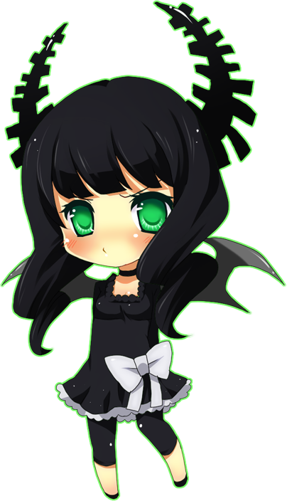 moorina, dead master, black rock shooter, bad id, bad pixiv id, 10s, 1girl, black dress, black hair, blush, chibi, curly hair, demon wings, dress, female focus, frown, full body, green eyes, horns, pout, solo, transparent background, tsundere, wings