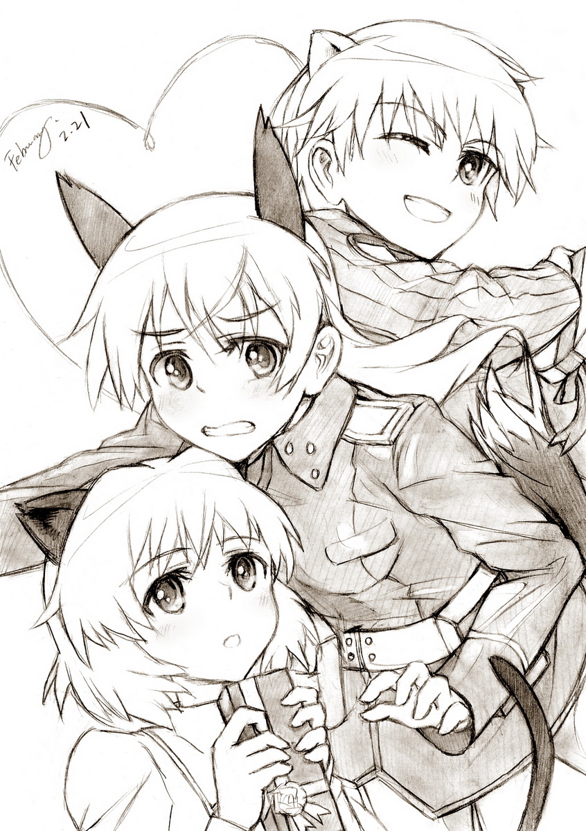 kisetsu, eila ilmatar juutilainen, nikka edvardine katajainen, sanya v. litvyak, brave witches, strike witches, world witches series, bad id, bad pixiv id, highres, traditional media, 10s, 3girls, animal ears, blush, cat ears, cat tail, ermine ears, fox ears, gift, greyscale, long hair, monochrome, multiple girls, pantyhose, short hair, smile, tail, weasel ears