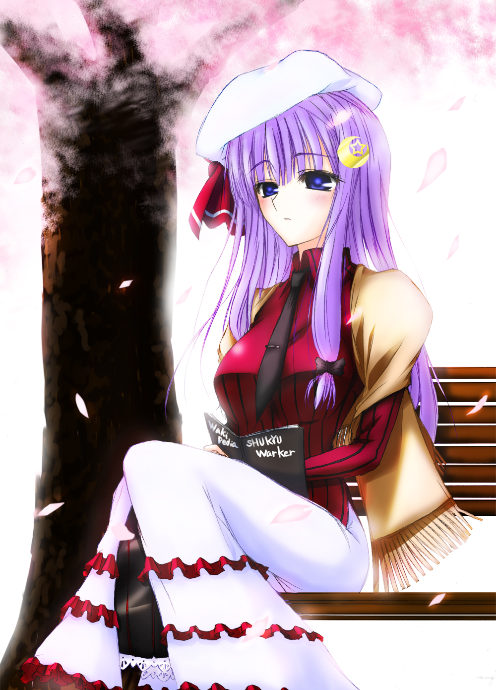 hazuki kasane, patchouli knowledge, perfect cherry blossom, touhou, highres, 1girl, alternate costume, bench, blue eyes, book, cherry blossoms, contemporary, crescent, crescent hair ornament, crescent moon, dress, female focus, frills, hair ornament, hat, hat ribbon, long hair, moon, petals, purple hair, ribbon, scarf, sitting, solo, tree