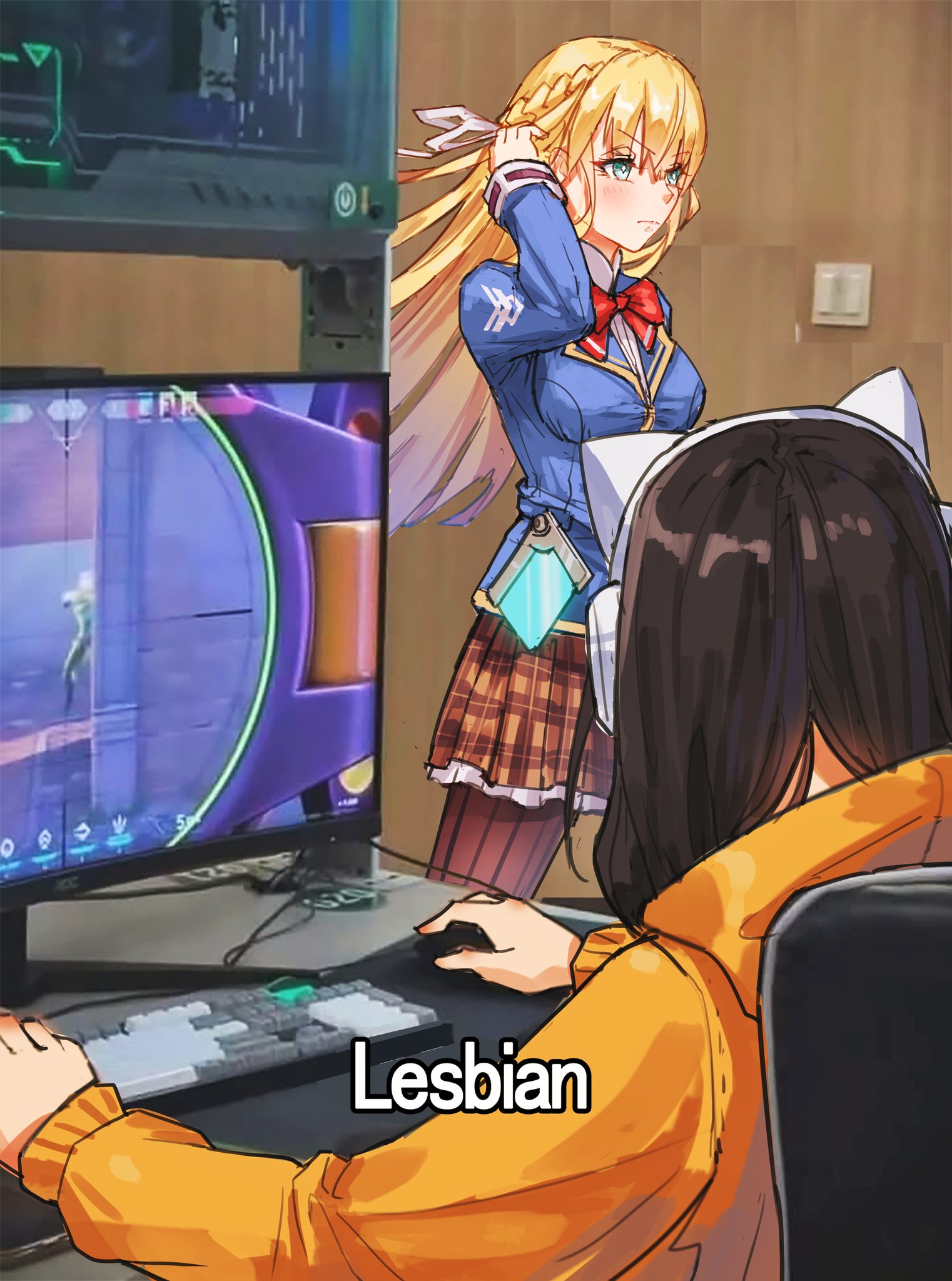 sail 678, asakura karen (heaven burns red), toujou tsukasa, heaven burns red, commentary, highres, symbol-only commentary, 2girls, black hair, blonde hair, blue jacket, bow, braid, green eyes, half up braid, hood, hooded jacket, jacket, long hair, long sleeves, meme, multiple girls, pantyhose, photo background, playing games, red bow, ribbon, white ribbon, yuri