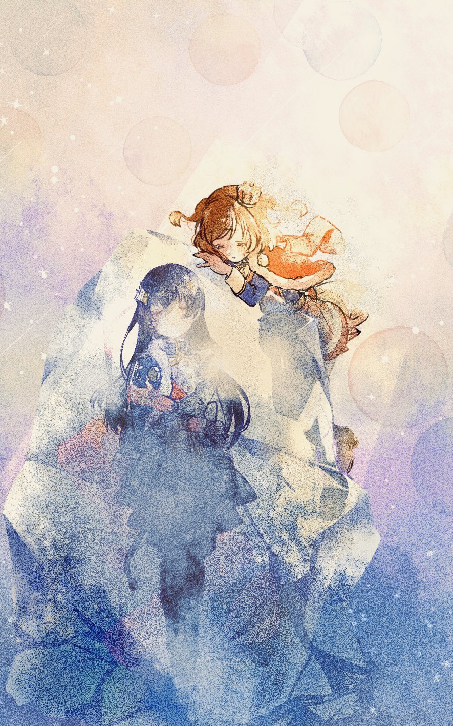 nijiko (c2cs4q), aijou karen, kagura hikari, shoujo kageki revue starlight, bad id, bad twitter id, commentary, highres, 2girls, :|, aiguillette, arm at side, arm rest, black hair, bloom, blue background, blue jacket, boots, brown boots, brown hair, circle, closed eyes, closed mouth, crown, facing another, facing viewer, film grain, frozen, fur-trimmed jacket, fur trim, gradient background, hand on own arm, head rest, heavy film grain, ice, jacket, jacket on shoulders, leaning on object, light rays, long hair, long sleeves, mini crown, miniskirt, missing commentary, multicolored jacket, multiple girls, parted bangs, red jacket, red sash, red skirt, sash, short hair, shoulder sash, single horizontal stripe, skirt, sparkle hair ornament, standing, striped clothes, striped skirt, sunbeam, sunlight, tassel, tilted headwear, tiptoes, two side up, waist cape, wide-eyed, yellow background