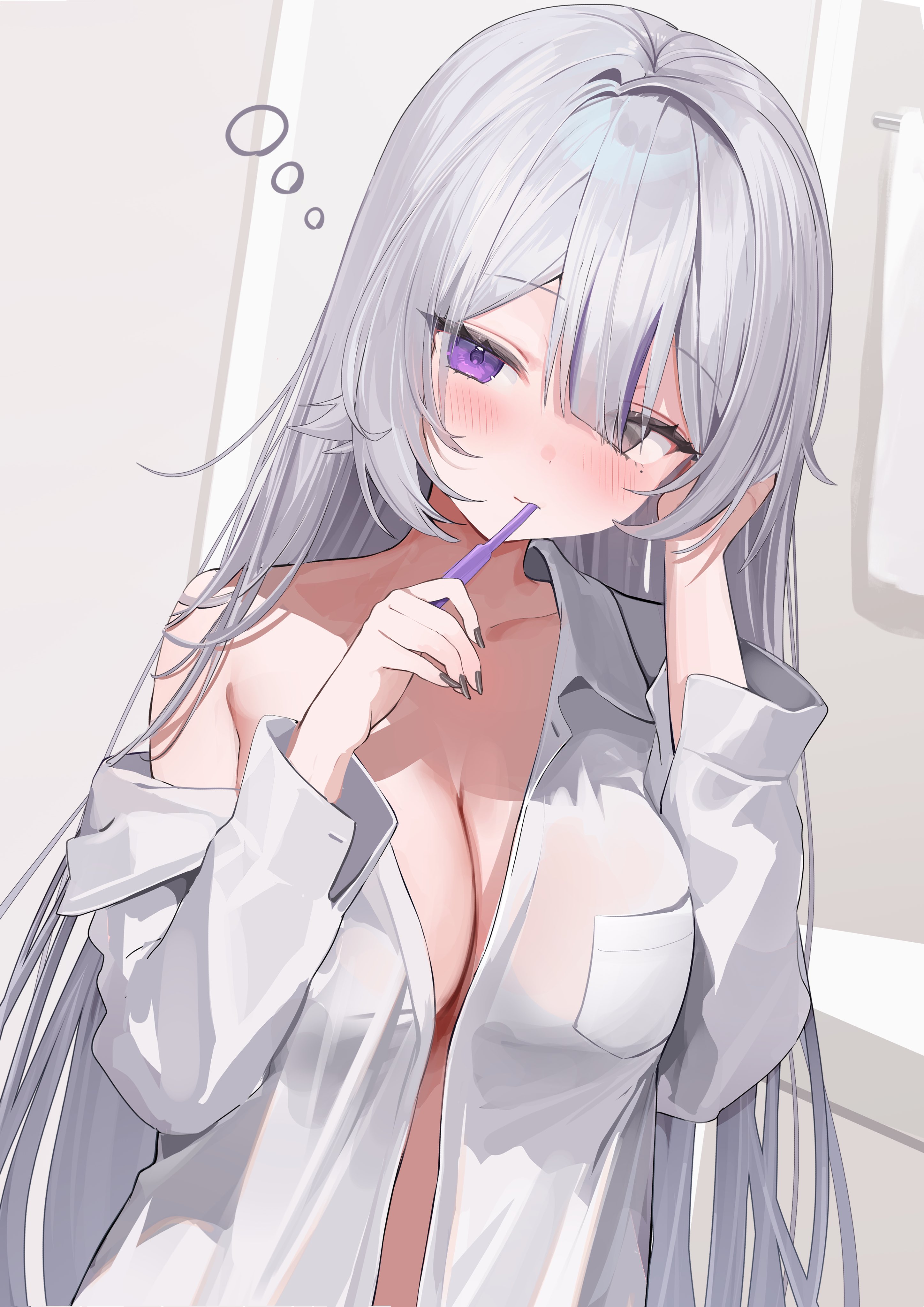 iruka3, yuase (vtuber), indie virtual youtuber, absurdres, commentary request, commission, highres, second-party source, 1girl, black nails, breasts, brushing teeth, cleavage, grey eyes, grey hair, hands up, heterochromia, large breasts, long hair, long sleeves, naked shirt, no bra, open clothes, open shirt, purple eyes, shirt, single bare shoulder, single off shoulder, solo, upper body, virtual youtuber, white shirt