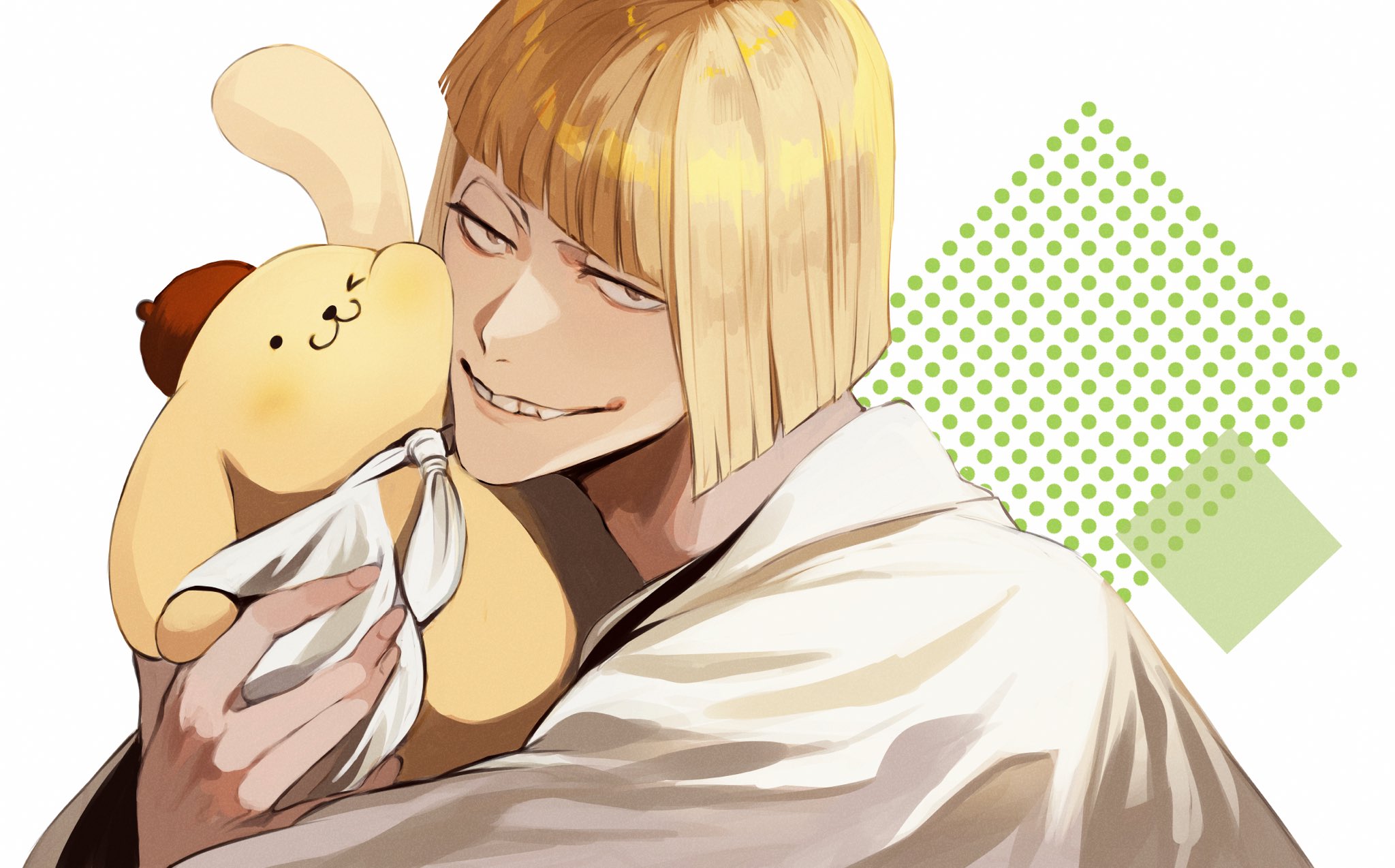 ajuji aju, hirako shinji, pompompurin, bleach, sanrio, commentary request, highres, 1boy, blonde hair, blunt bangs, blunt ends, haori, japanese clothes, looking at viewer, male focus, polka dot, short hair, simple background, smile, solo, taichou haori, teeth, white background