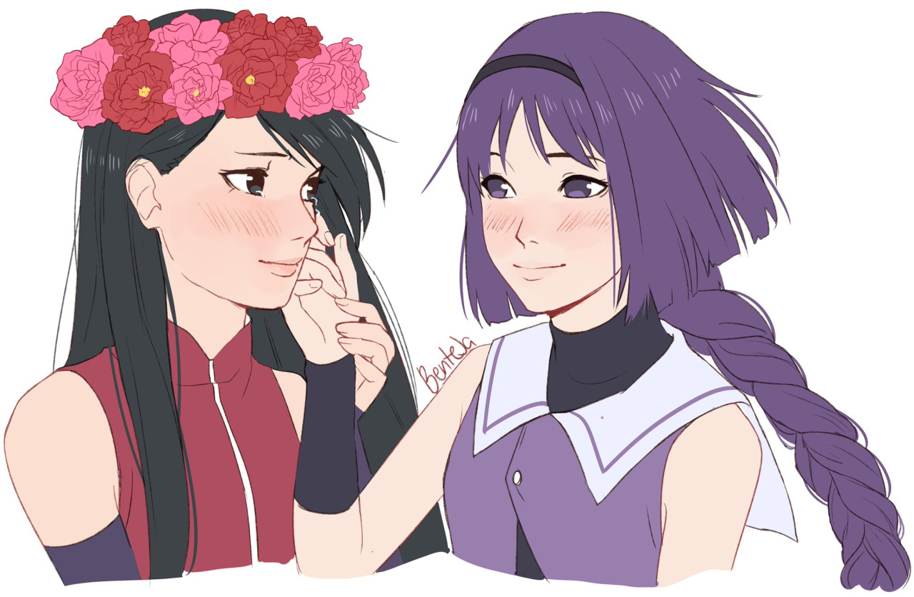 benteja, kakei sumire, uchiha sarada, boruto: naruto next generations, naruto (series), 2girls, artist name, black eyes, black hair, blush, braid, braided ponytail, crying, flower, hair flower, hair ornament, hand on another's cheek, hand on another's face, head wreath, long hair, looking at another, multiple girls, purple hair, sailor collar, white background, yuri