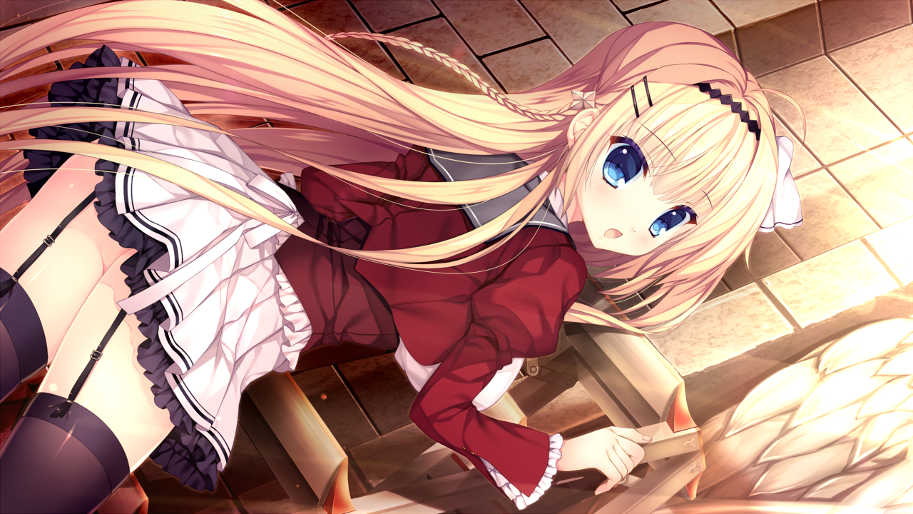 mitha, kuonji kazuha (harugura), haruoto alice gram, game cg, non-web source, 1girl, :o, black thighhighs, blonde hair, blue eyes, garter straps, hair ornament, hairband, hairclip, long hair, looking at viewer, open mouth, pleated skirt, puffy sleeves, skirt, solo, surprised, thighhighs, very long hair