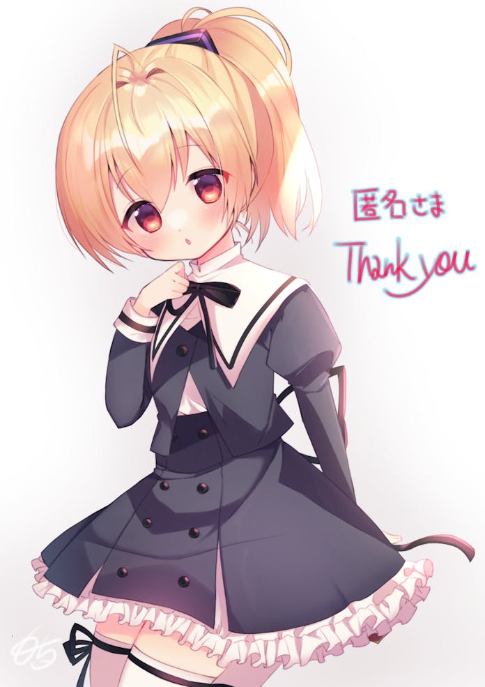 ando tazusa, assault lily, commentary request, commission, skeb commission, 1girl, black ribbon, black skirt, blonde hair, cowboy shot, frilled skirt, frills, juliet sleeves, long sleeves, looking at viewer, motigoto, open mouth, puffy sleeves, puritan collar, ribbon, skirt, solo, thighhighs, white thighhighs