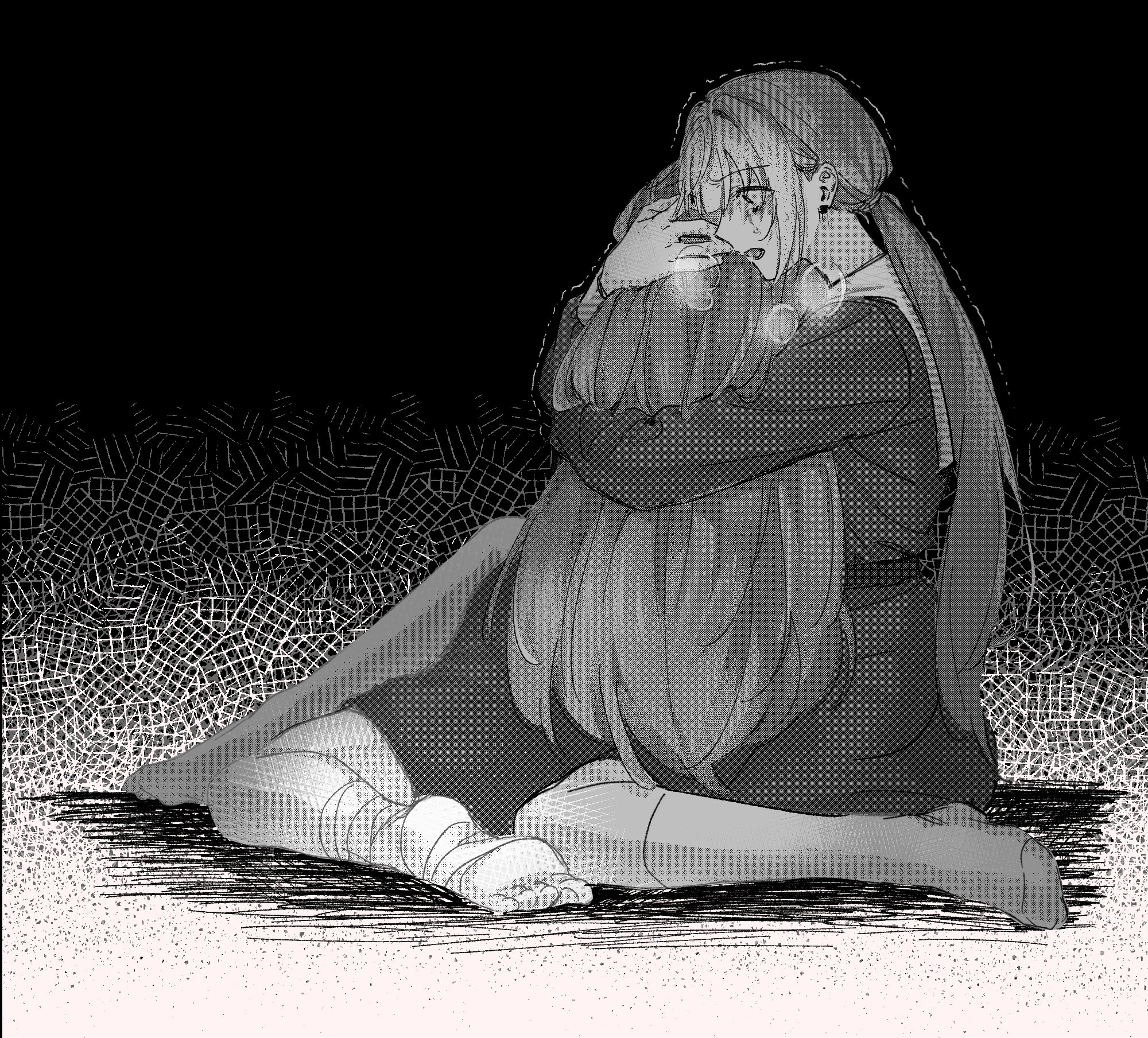 zenma trang, fujishima megumi, otomune kozue, link! like! love live!, love live!, commentary, highres, 2girls, bandaged ankle, belt, crying, dress, greyscale, hug, long hair, long sleeves, monochrome, multiple girls, no shoes, open mouth, sailor dress, yuri