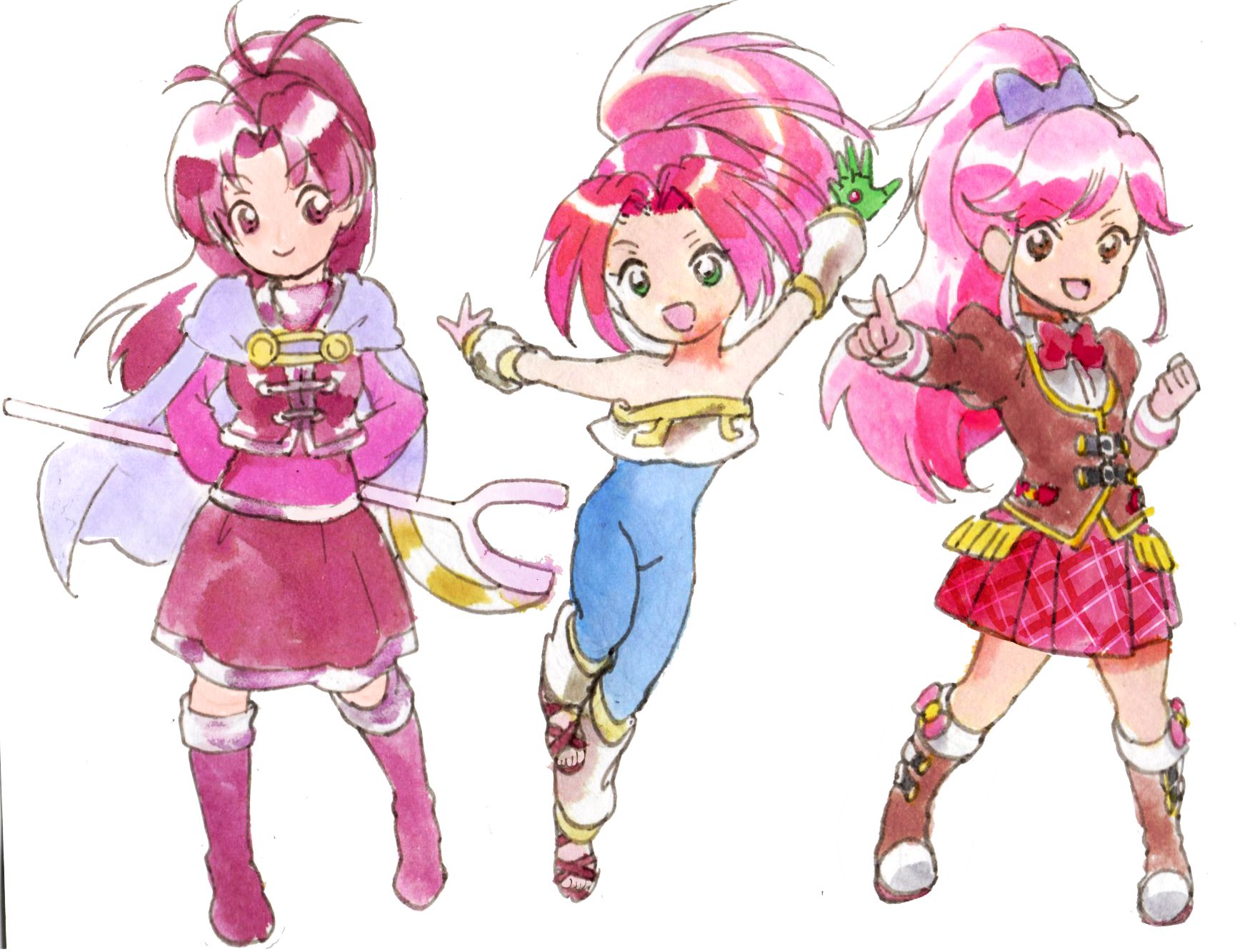 wakewaka ran, jenna (golden sun), noa (legaia densetsu), golden sun, legaia densetsu, character request, commentary request, highres, 3girls, bare shoulders, brown eyes, cape, closed mouth, color connection, detached sleeves, gloves, green eyes, hair color connection, high ponytail, holding, holding staff, long hair, multiple girls, open mouth, pink hair, ponytail, simple background, skirt, smile, staff, strapless, unitard, white background